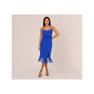 AIDAN Womens Blue Fold-over Fringed-hem Lined Spaghetti Strap Midi Dress 0
